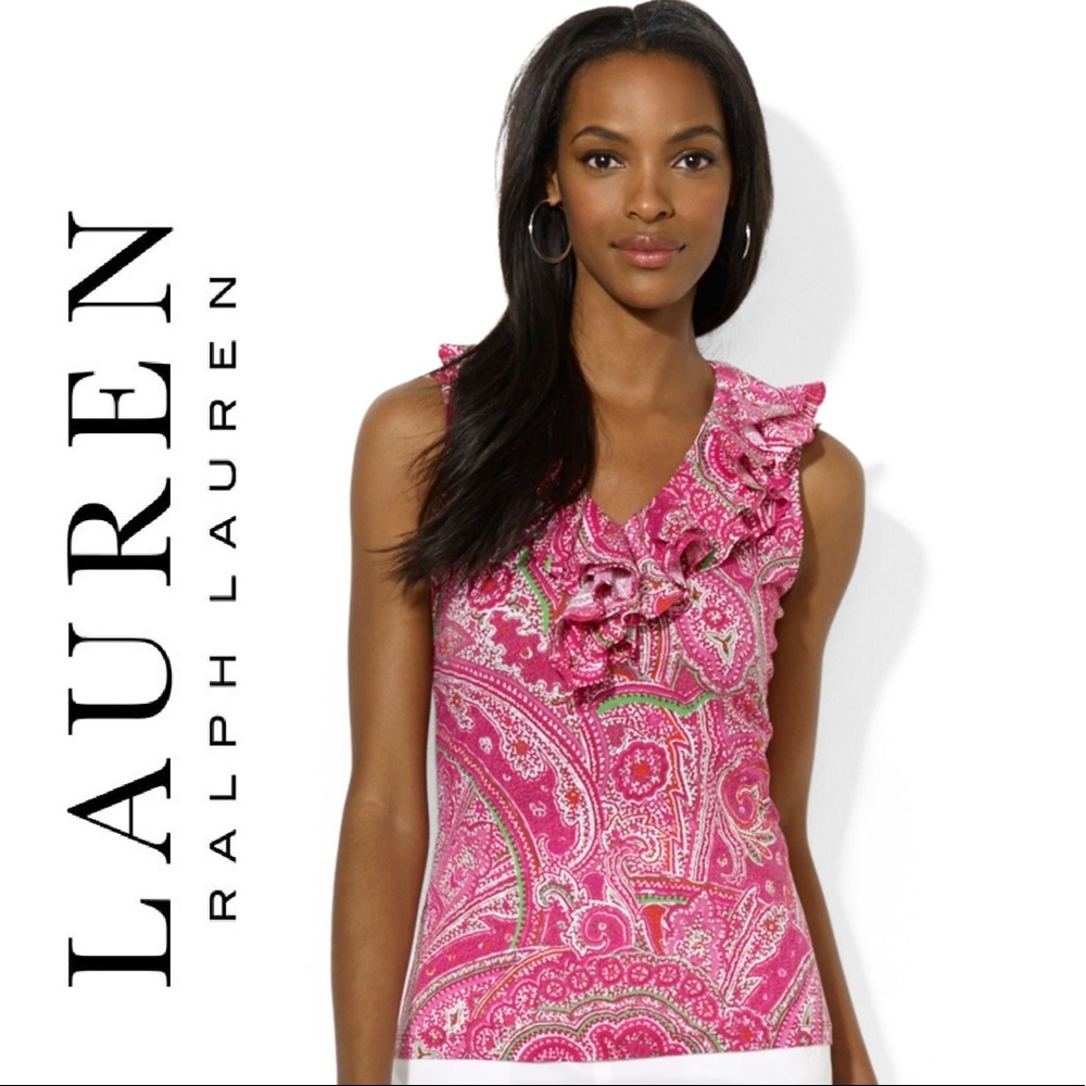 RALPH LAUREN Pink Ruffle Top Size Medium Petite